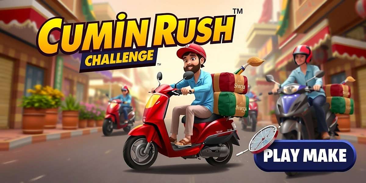 Cumin Rush Challenge - Game Cover Cumin Rush Challenge game cover showing a delivery boy on a scooter carrying spices through busy Indian streets